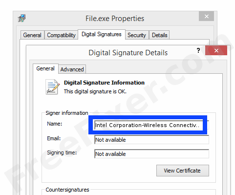 Screenshot of the Intel Corporation-Wireless Connectivity Solutions certificate